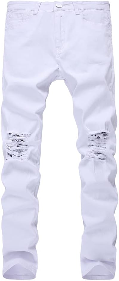 utcoco Men's Slim Fit Mid Waist Straight Leg Ripped Distressed Holes Classic Denim Patches Jeans/ Jeans