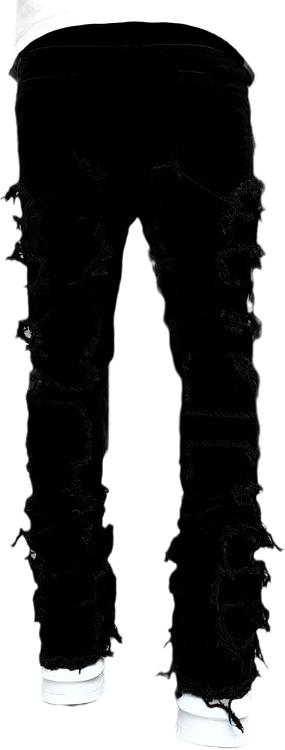 Conshvi Men's Slim Fit Stretch Jeans Distressed Patchwork Stacked Frayed Straight Leg Skinny Denim Pants/ Jeans