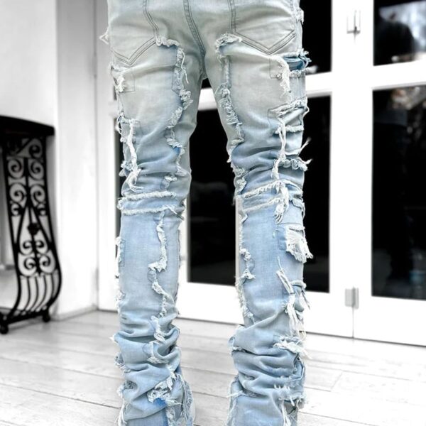Mens Stacked Jeans Slim Fit Ripped Skinny Stretch Jeans Distressed Straight Denim Pants Hip Hop Trousers Streetwear/ Jeans
