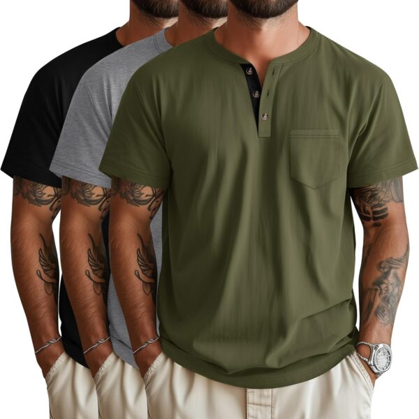 Riyiper 3 Pack Men's Henley T-Shirts Short Sleeve Pocket Cotton Classic Tops Casual Basic Tees with Button Summer Trendy/ Mens T-Shirt