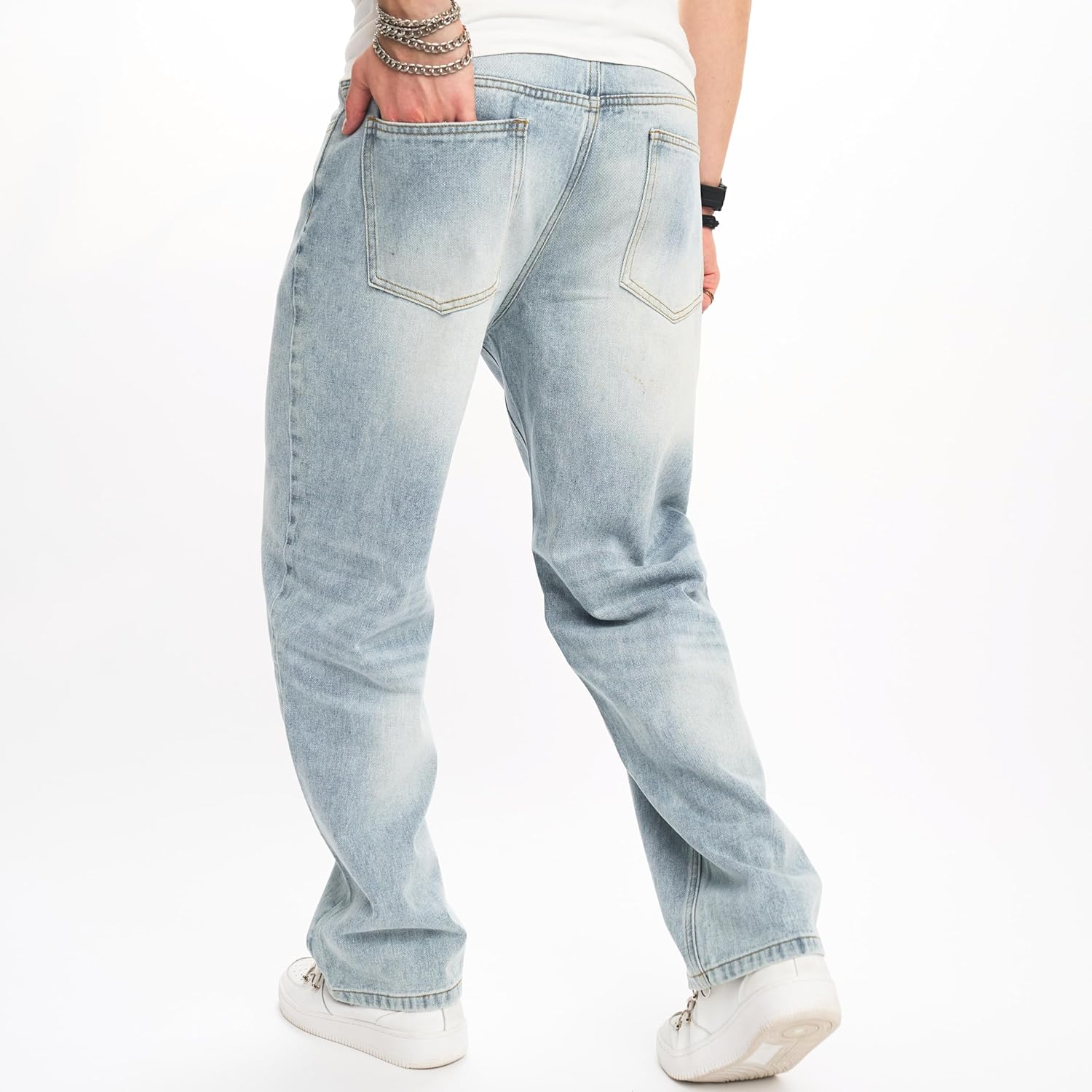 WEIBUMAOYI Men's Wide-Leg Jeans Straight Leg Carpenter Denim Pants Loose fit Trousers/ Jeans